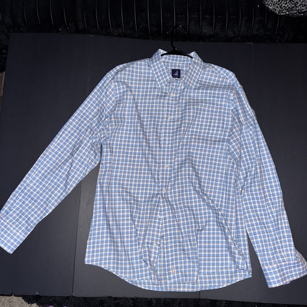 Men's Large johnnie-O Cotton Blue Orange White Plaid Long Sleeve Button-Up Shirt